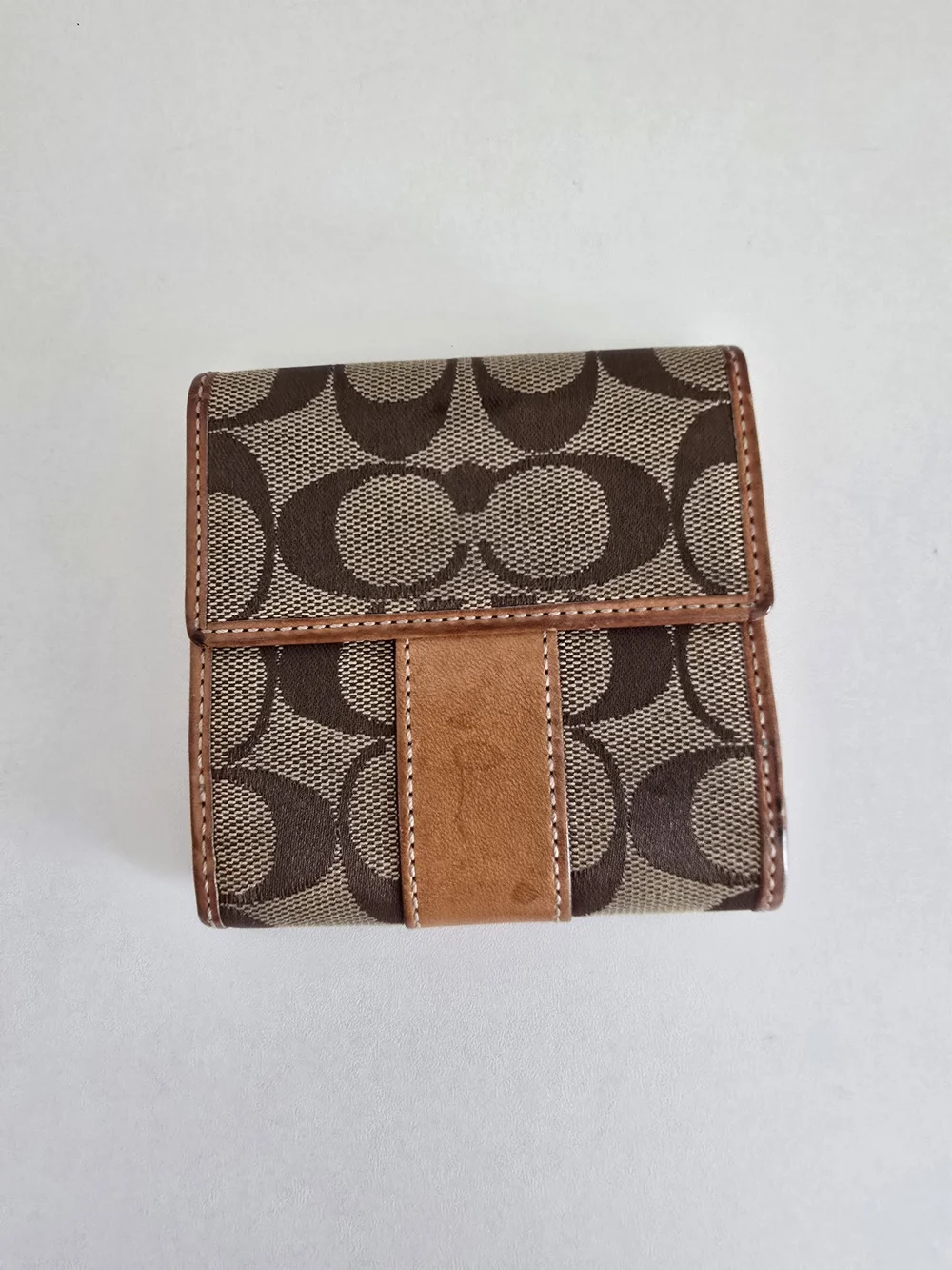 Coach Brown Signature Canvas Trifold Wallet with Tan Leather Trim